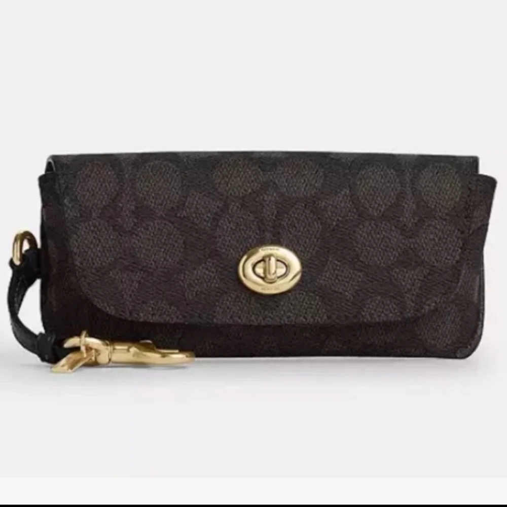 COACH Sunglasses Case #CZ207, Signature Canvas, Gold/Walnut/Black, NWT-Wrapped - Picture 1 of 6
